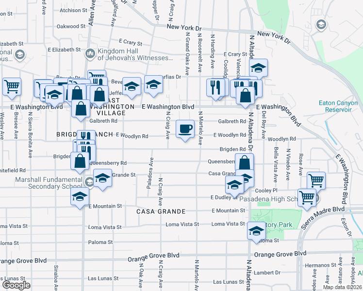 map of restaurants, bars, coffee shops, grocery stores, and more near 2250 East Woodlyn Road in Pasadena
