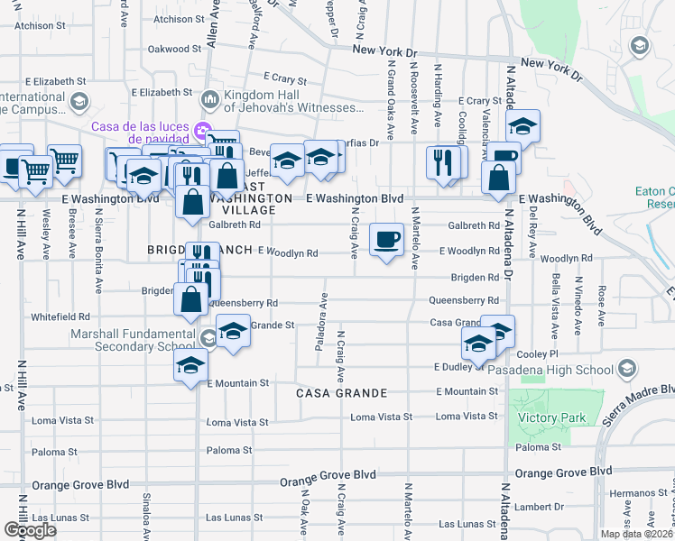 map of restaurants, bars, coffee shops, grocery stores, and more near 2110 East Woodlyn Road in Pasadena