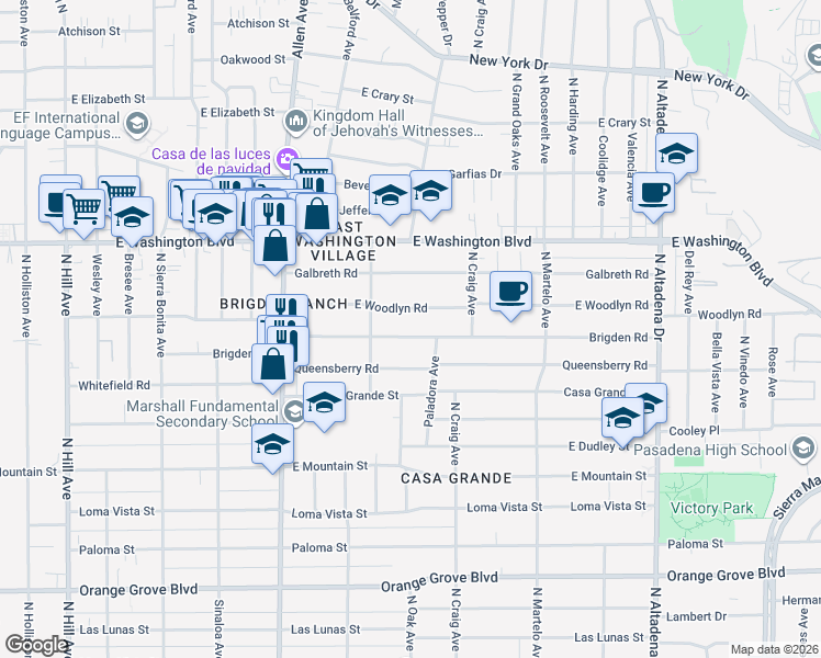 map of restaurants, bars, coffee shops, grocery stores, and more near 2025 East Woodlyn Road in Pasadena