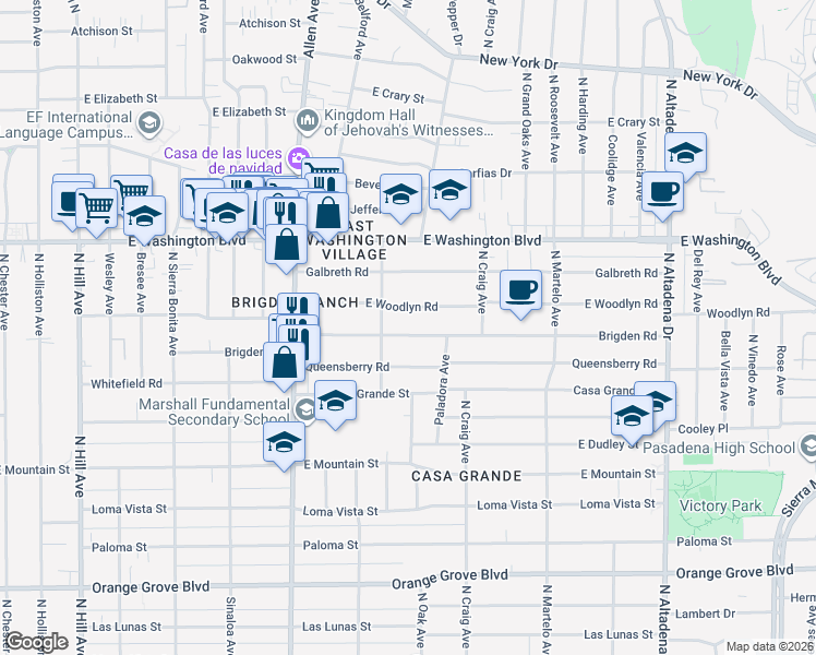 map of restaurants, bars, coffee shops, grocery stores, and more near 2025 East Woodlyn Road in Pasadena