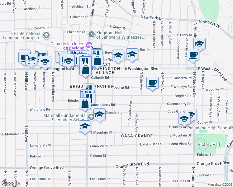 map of restaurants, bars, coffee shops, grocery stores, and more near 2025 East Woodlyn Road in Pasadena