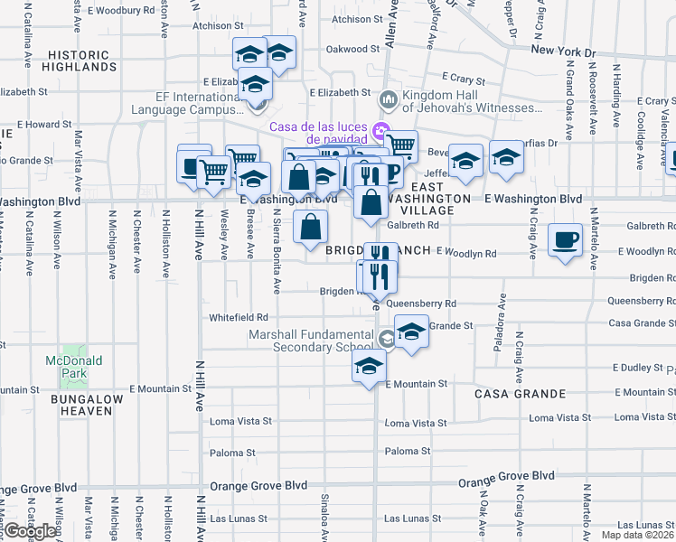 map of restaurants, bars, coffee shops, grocery stores, and more near 1215 North Dominion Avenue in Pasadena