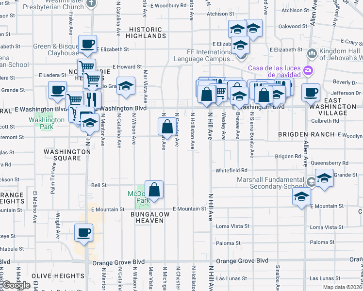 map of restaurants, bars, coffee shops, grocery stores, and more near 1215 North Holliston Avenue in Pasadena