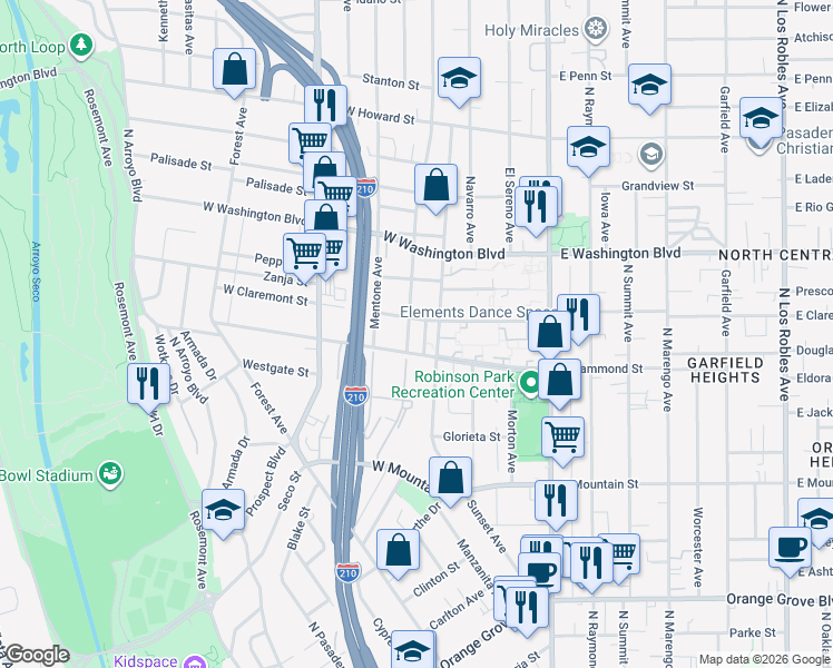map of restaurants, bars, coffee shops, grocery stores, and more near 267 West Claremont Street in Pasadena