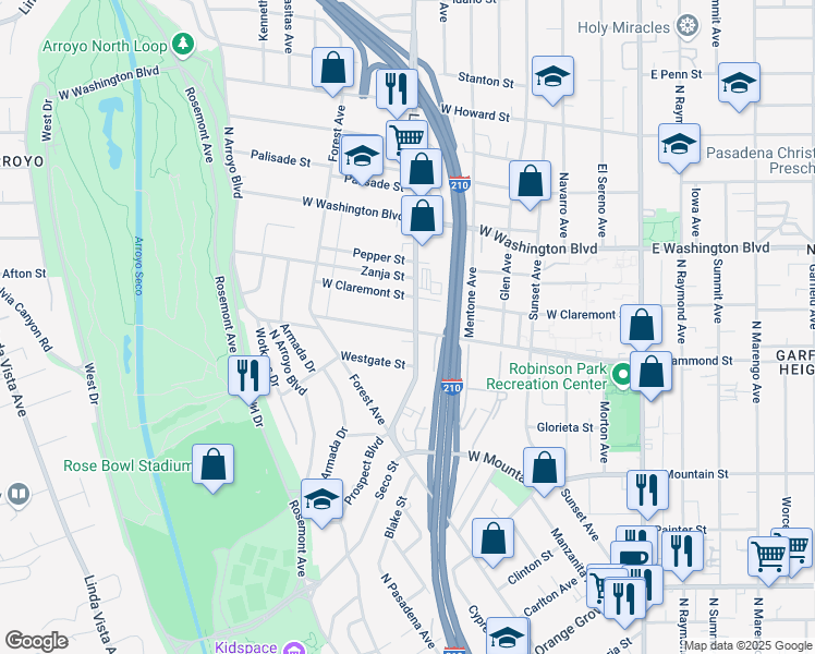 map of restaurants, bars, coffee shops, grocery stores, and more near 440 West Claremont Street in Pasadena