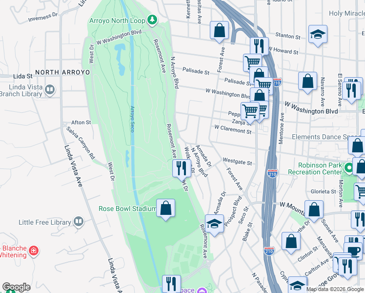 map of restaurants, bars, coffee shops, grocery stores, and more near 1160 North Arroyo Boulevard in Pasadena