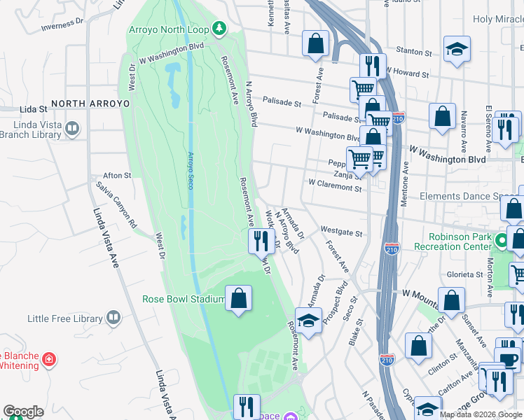 map of restaurants, bars, coffee shops, grocery stores, and more near 1160 North Arroyo Boulevard in Pasadena