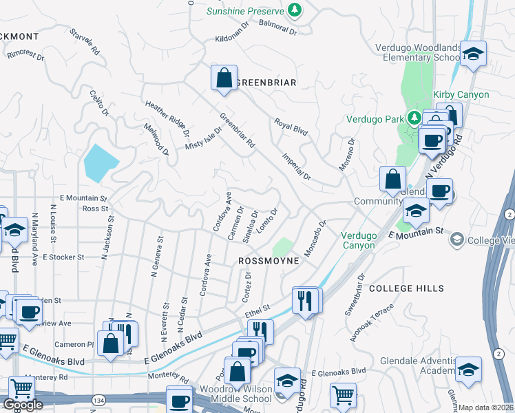 map of restaurants, bars, coffee shops, grocery stores, and more near 932 Hillcroft Road in Glendale