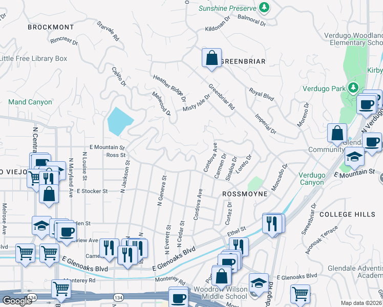 map of restaurants, bars, coffee shops, grocery stores, and more near 881 Harrington Road in Glendale