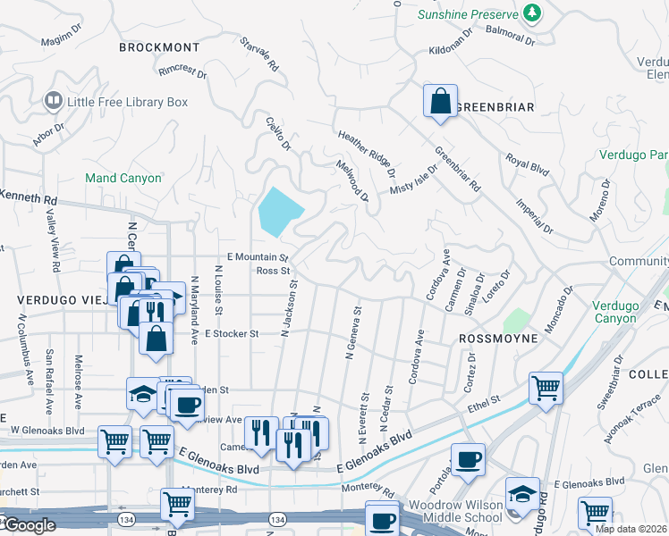 map of restaurants, bars, coffee shops, grocery stores, and more near 718 Bohlig Road in Glendale