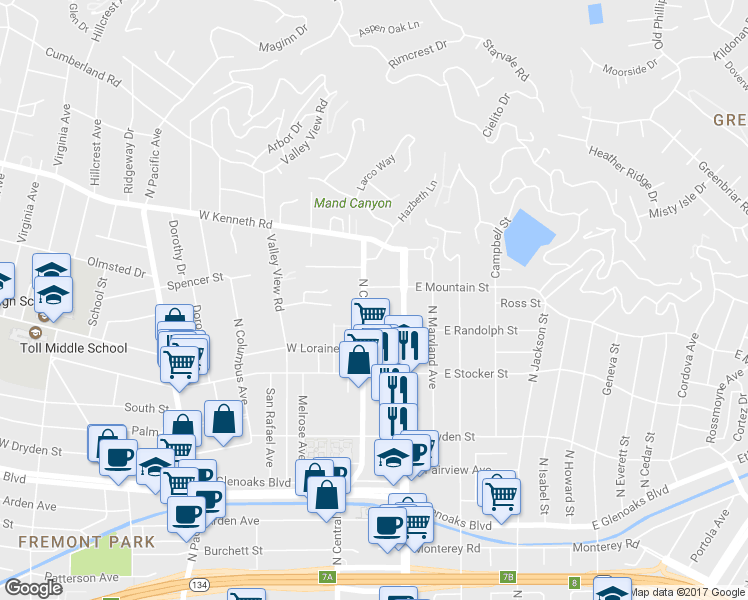 map of restaurants, bars, coffee shops, grocery stores, and more near 1405 North Central Avenue in Glendale