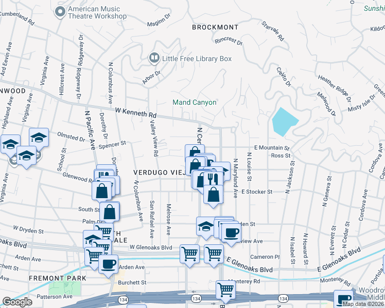 map of restaurants, bars, coffee shops, grocery stores, and more near 1405 North Central Avenue in Glendale