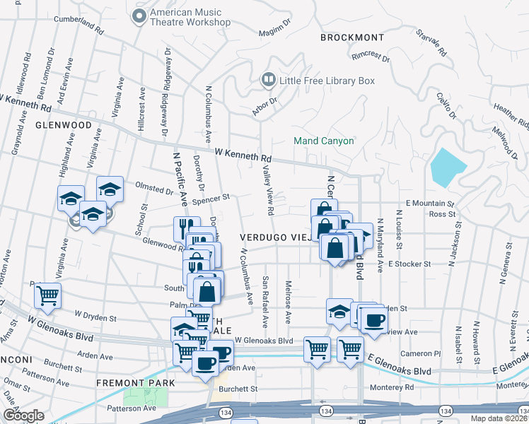 map of restaurants, bars, coffee shops, grocery stores, and more near 326 Spencer Street in Glendale