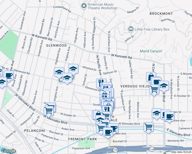 map of restaurants, bars, coffee shops, grocery stores, and more near 1407 North Pacific Avenue in Glendale
