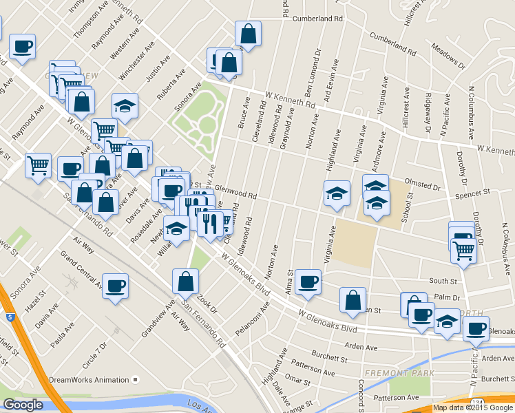 map of restaurants, bars, coffee shops, grocery stores, and more near 1107 Glenwood Road in Glendale