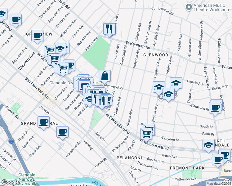 map of restaurants, bars, coffee shops, grocery stores, and more near 1107 Glenwood Road in Glendale