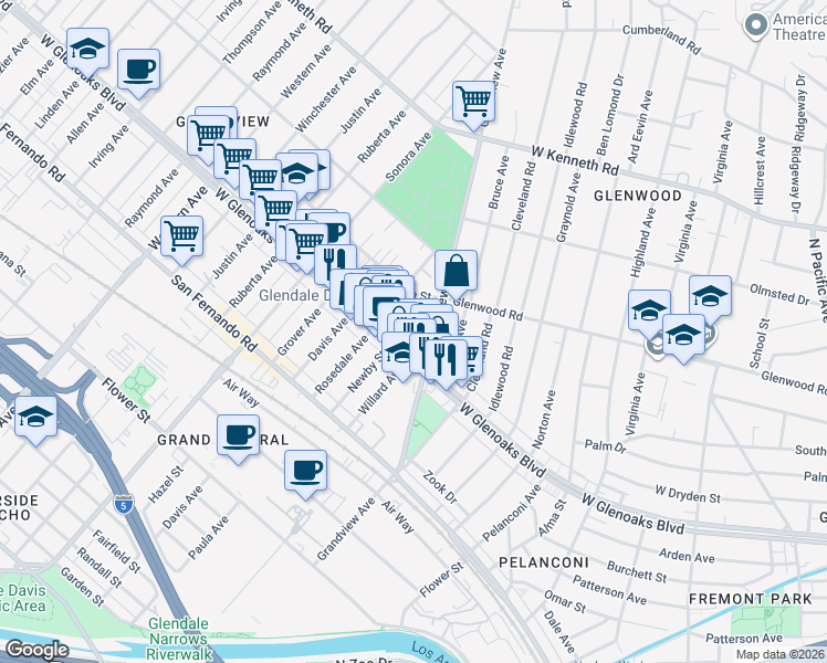 map of restaurants, bars, coffee shops, grocery stores, and more near 1120 Rosedale Avenue in Glendale