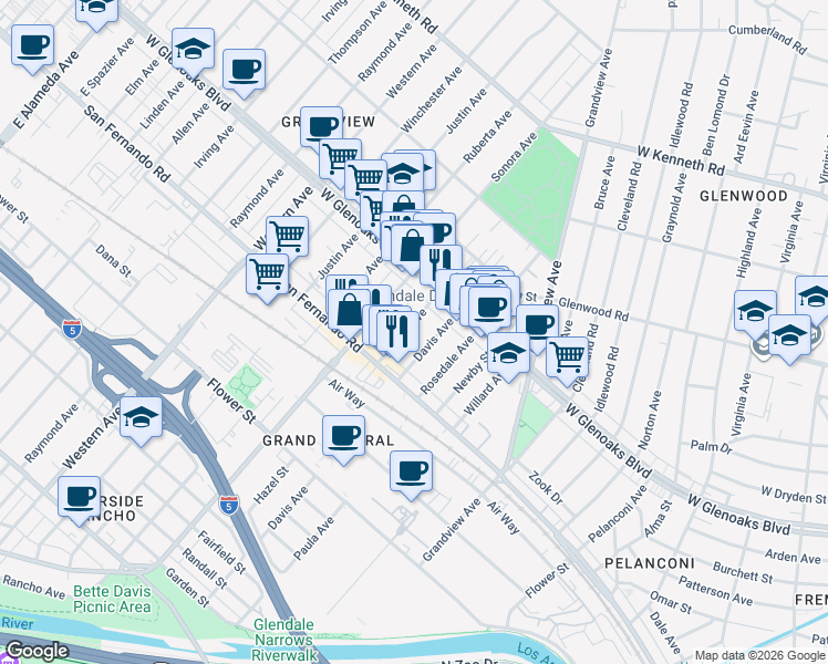 map of restaurants, bars, coffee shops, grocery stores, and more near 1069 Grover Avenue in Glendale