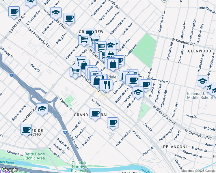 map of restaurants, bars, coffee shops, grocery stores, and more near 1034 Sonora Avenue in Glendale