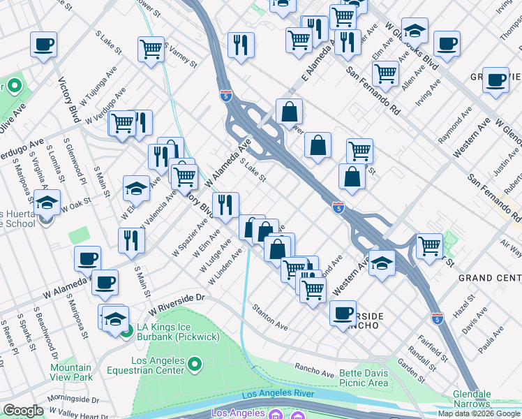map of restaurants, bars, coffee shops, grocery stores, and more near 1215 South Lake Street in Burbank