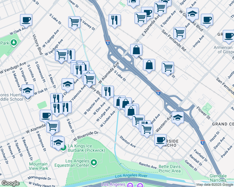 map of restaurants, bars, coffee shops, grocery stores, and more near 221 West Elm Avenue in Burbank