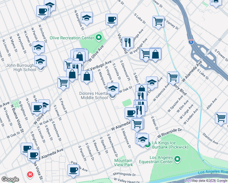 map of restaurants, bars, coffee shops, grocery stores, and more near 321 South Virginia Avenue in Burbank