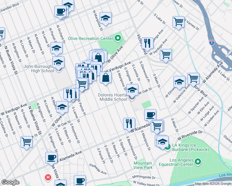 map of restaurants, bars, coffee shops, grocery stores, and more near 150 South Beachwood Drive in Burbank