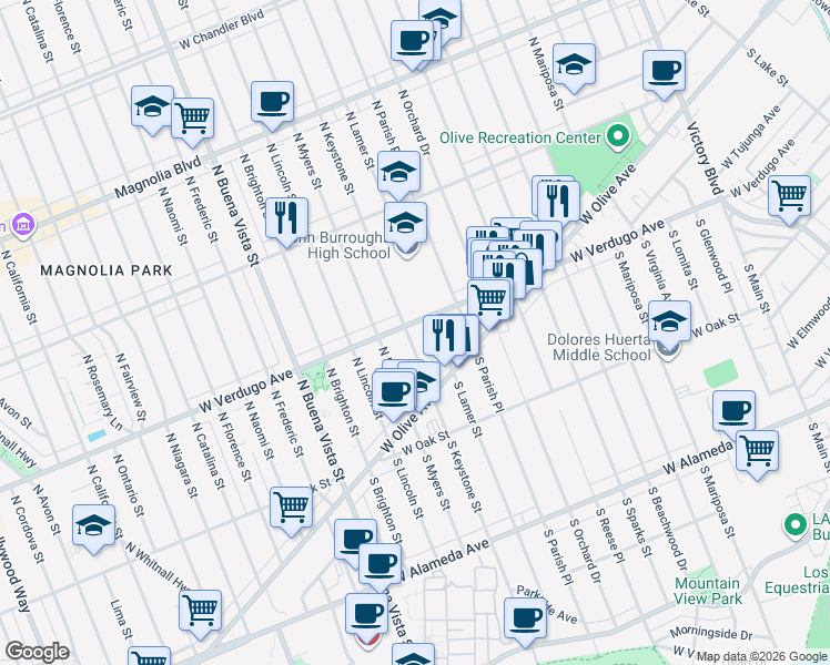 map of restaurants, bars, coffee shops, grocery stores, and more near 313 North Keystone Street in Burbank