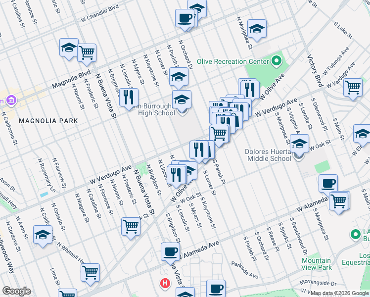map of restaurants, bars, coffee shops, grocery stores, and more near 313 North Keystone Street in Burbank