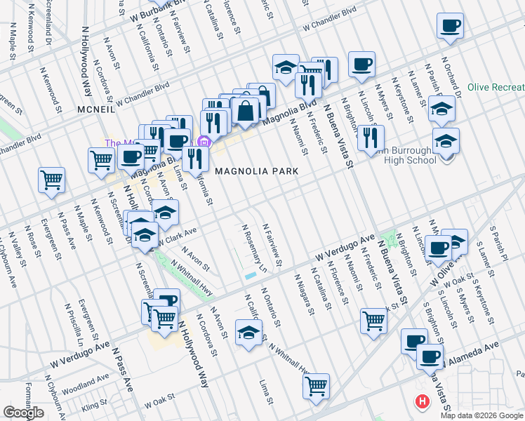map of restaurants, bars, coffee shops, grocery stores, and more near 2913 West Clark Avenue in Burbank