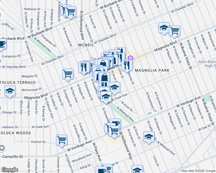 map of restaurants, bars, coffee shops, grocery stores, and more near 915 North Cordova Street in Burbank