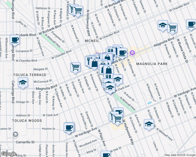 map of restaurants, bars, coffee shops, grocery stores, and more near 929 North Hollywood Way in Burbank