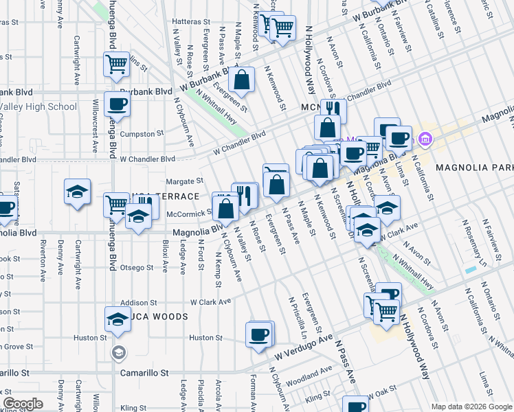 map of restaurants, bars, coffee shops, grocery stores, and more near 1027 Evergreen Street in Burbank