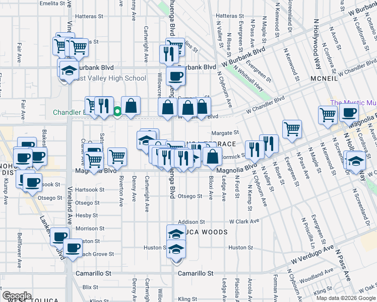 map of restaurants, bars, coffee shops, grocery stores, and more near 5307 Auckland Avenue in Los Angeles