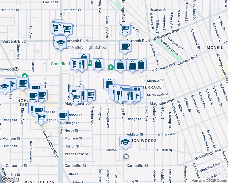 map of restaurants, bars, coffee shops, grocery stores, and more near 5309 Cartwright Avenue in Los Angeles