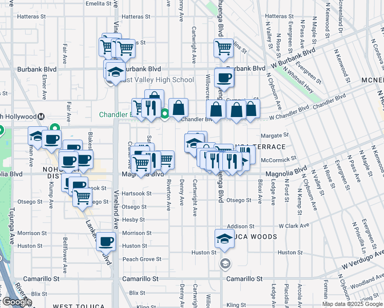 map of restaurants, bars, coffee shops, grocery stores, and more near 5309 Cartwright Avenue in Los Angeles