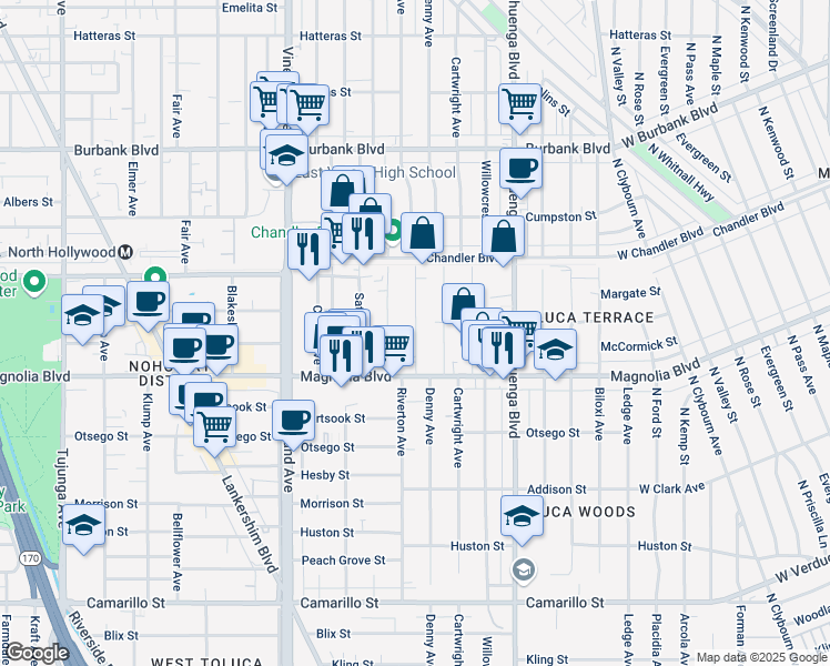 map of restaurants, bars, coffee shops, grocery stores, and more near 5314 Riverton Avenue in Los Angeles