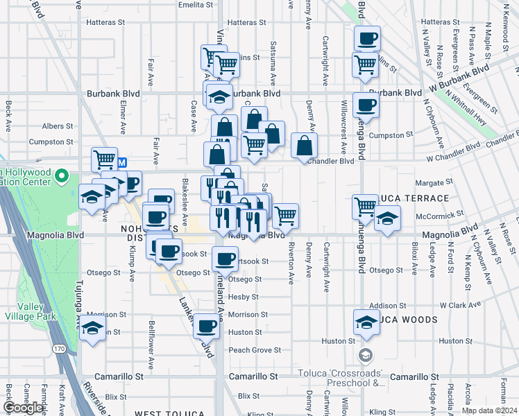 map of restaurants, bars, coffee shops, grocery stores, and more near 10868 Weddington Street in Los Angeles