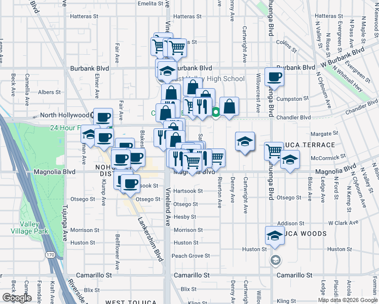 map of restaurants, bars, coffee shops, grocery stores, and more near 10868 Weddington Street in Los Angeles