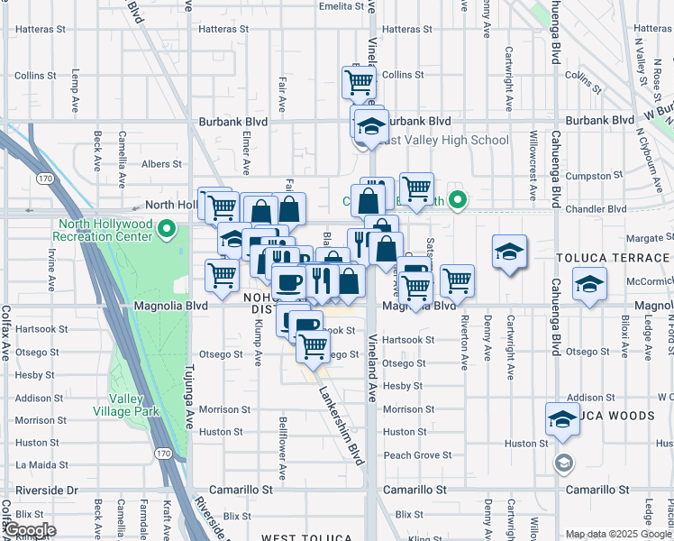 map of restaurants, bars, coffee shops, grocery stores, and more near 11061 Weddington Street in Los Angeles