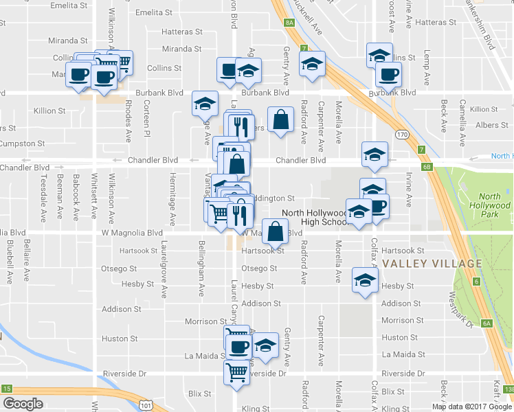 map of restaurants, bars, coffee shops, grocery stores, and more near 5308 Agnes Avenue in Los Angeles