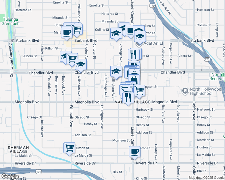 map of restaurants, bars, coffee shops, grocery stores, and more near in Los Angeles