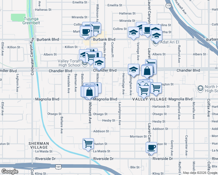 map of restaurants, bars, coffee shops, grocery stores, and more near 5311 Corteen Place in Los Angeles