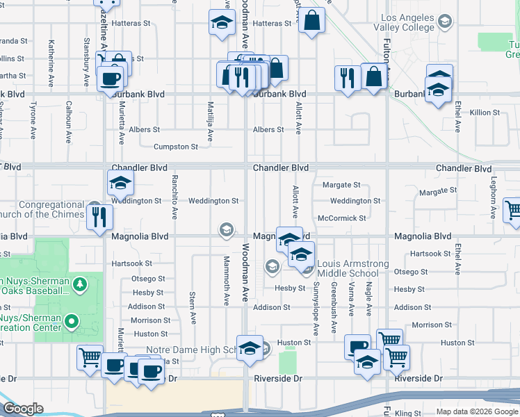 map of restaurants, bars, coffee shops, grocery stores, and more near 5310 Woodman Avenue in Los Angeles