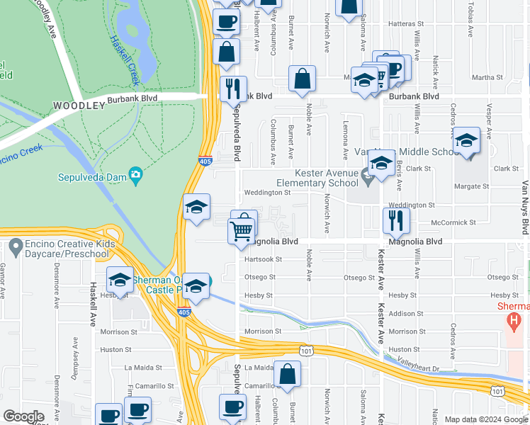 map of restaurants, bars, coffee shops, grocery stores, and more near 15162 Weddington Street in Los Angeles