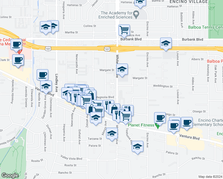 map of restaurants, bars, coffee shops, grocery stores, and more near 5240 Yarmouth Avenue in Los Angeles