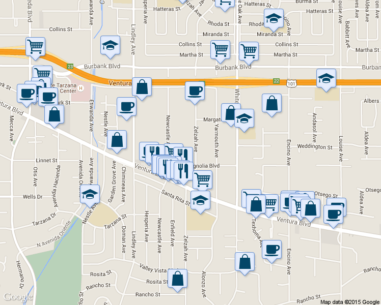 map of restaurants, bars, coffee shops, grocery stores, and more near 5255 Zelzah Avenue in Los Angeles