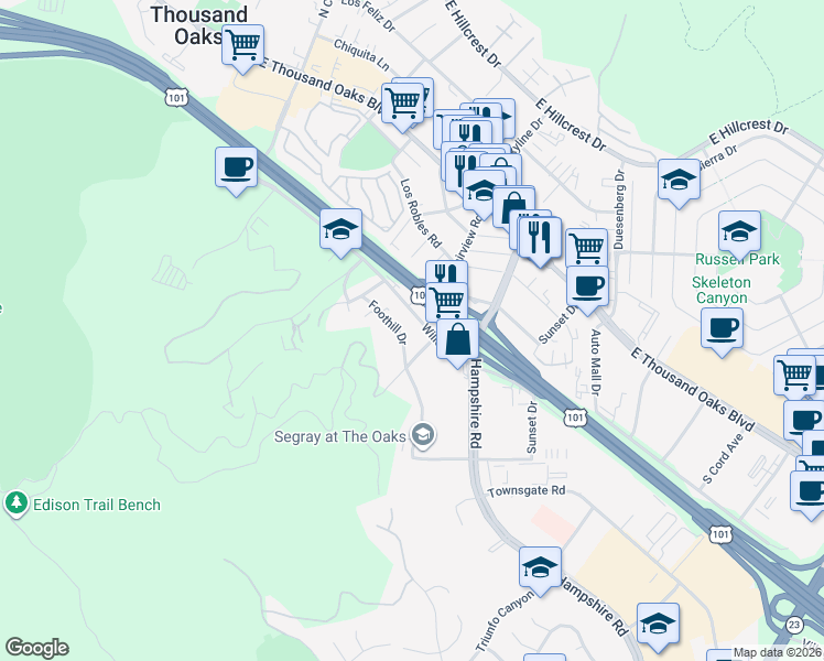 map of restaurants, bars, coffee shops, grocery stores, and more near 3011 Willow Lane in Thousand Oaks