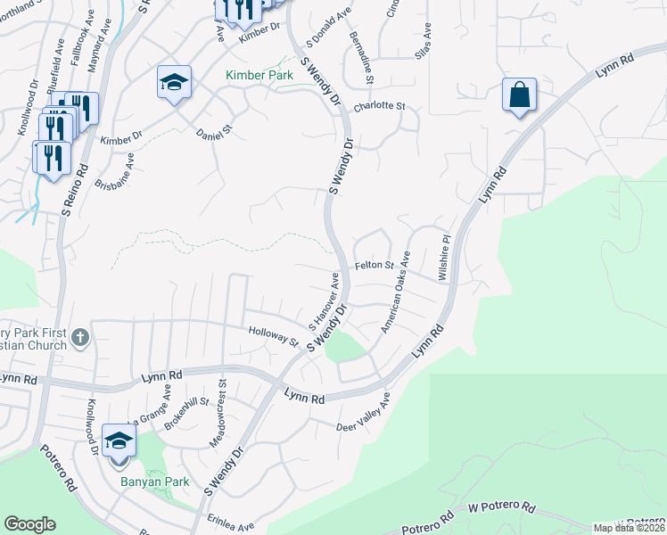map of restaurants, bars, coffee shops, grocery stores, and more near 605 Orangewood Avenue in Thousand Oaks