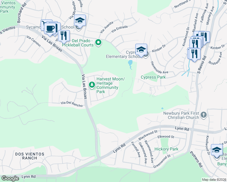 map of restaurants, bars, coffee shops, grocery stores, and more near 4305 Camino De La Rosa in Thousand Oaks